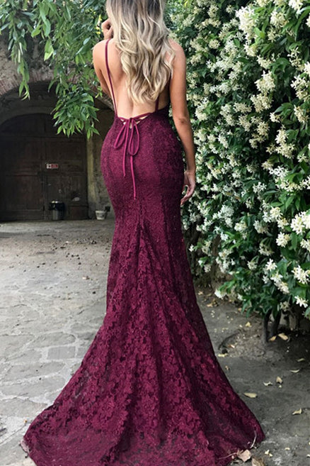 Sexy Mermaid V-Neck Burgundy Lace Prom Dress