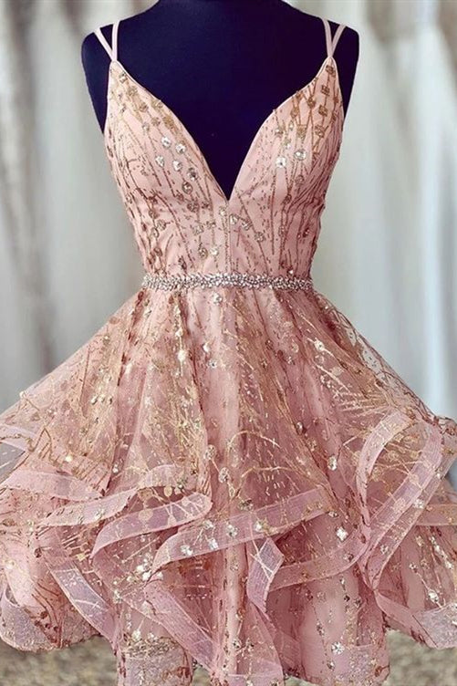 Glitter V-Neck Short Blush Pink Homecoming Dress with Ruffles FancyVestido Glitter V-Neck Short Blush Pink Homecoming Dress with Ruffles FancyVestido