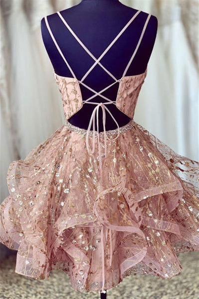 Glitter V-Neck Short Blush Pink Homecoming Dress with Ruffles