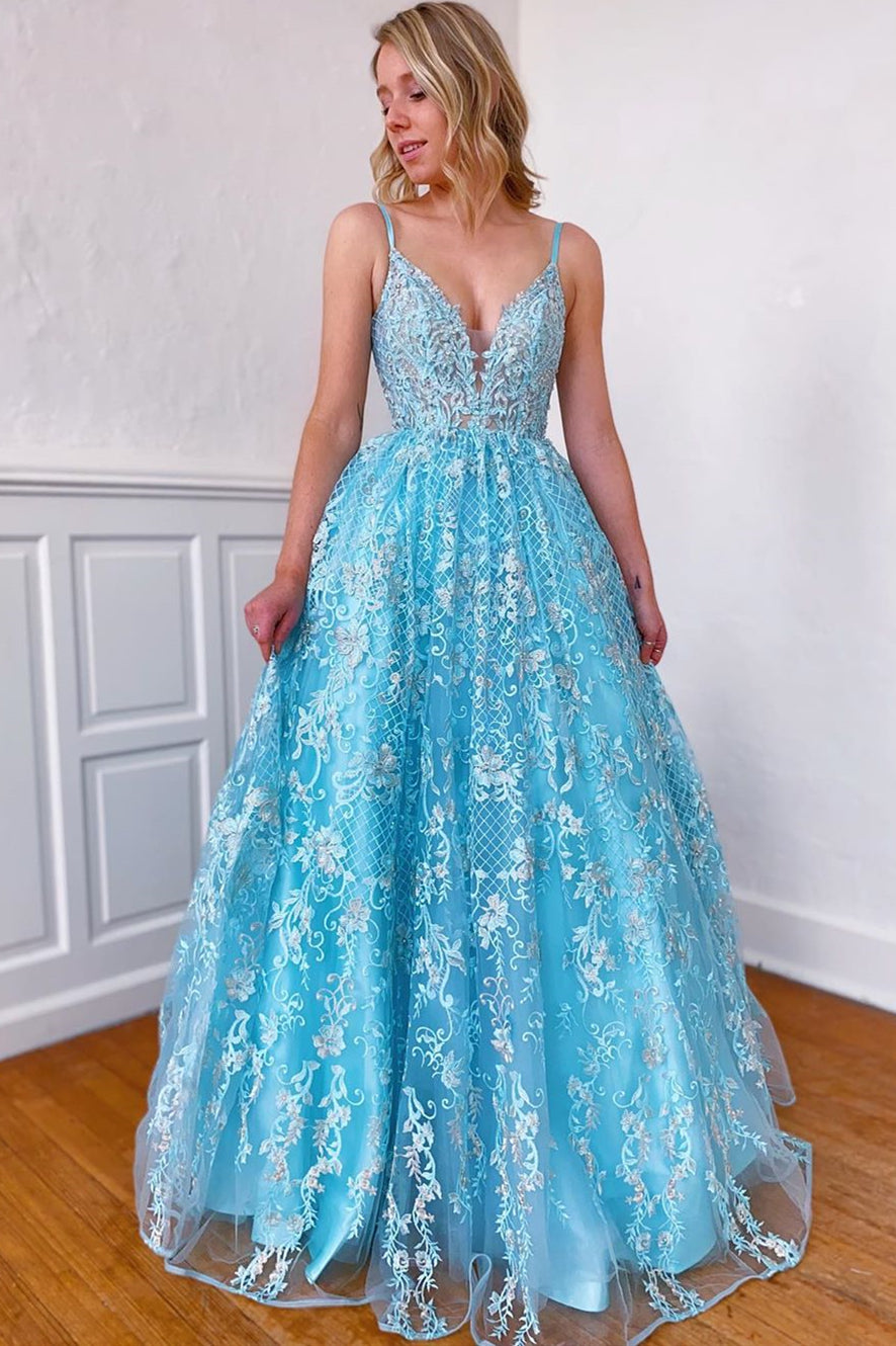 A-line V-Neck Lace Appliques Blue Long Prom Dress