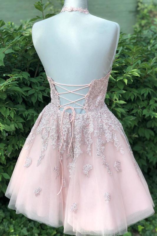 Halter Lace-Up back Short Pink Lace Homecoming Dress FancyVestido Halter Lace-Up back Short Pink Lace Homecoming Dress FancyVestido