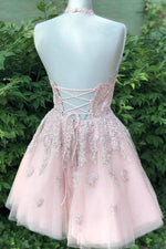 Halter Lace-Up back Short Pink Lace Homecoming Dress
