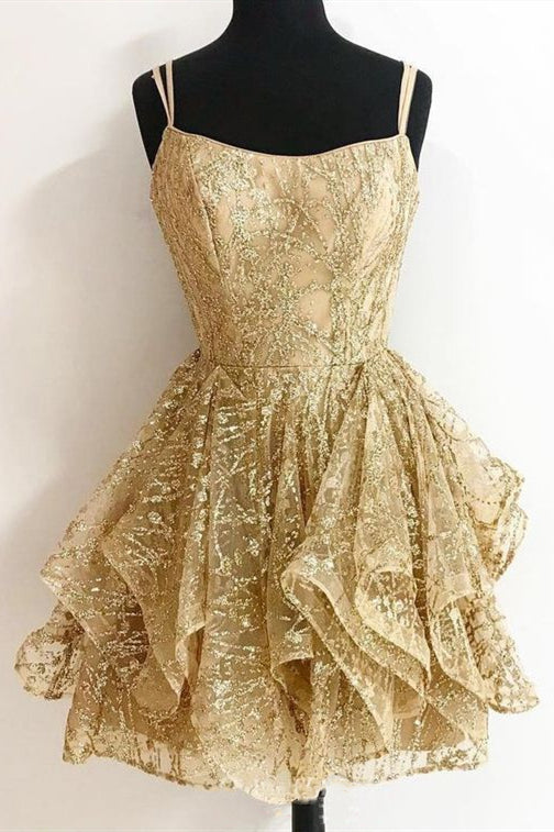Short A-line Sequined Gold Homecoming Dress with Ruffles FancyVestido Short A-line Sequined Gold Homecoming Dress with Ruffles FancyVestido