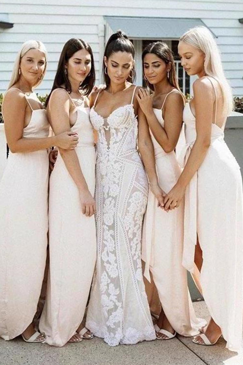 Spaghetti Straps Long Wraped Light Peach Bridesmaid Dress FancyVestido Spaghetti Straps Long Wraped Light Peach Bridesmaid Dress FancyVestido