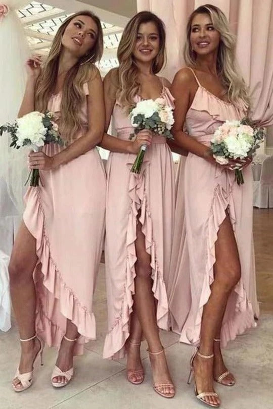 Asymmetrical Long Pale Pink Bridesmaid Dress with Belt FancyVestido Asymmetrical Long Pale Pink Bridesmaid Dress with Belt FancyVestido