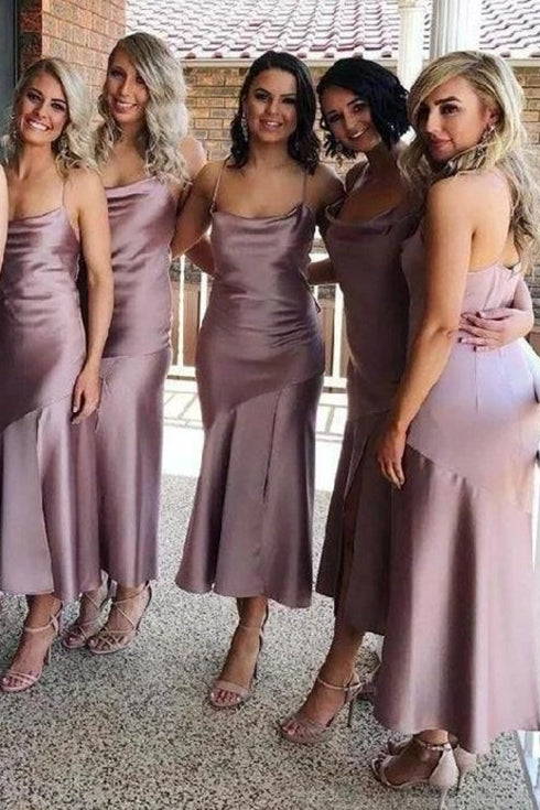 Cowl Neck Mermaid Long Mauve Bridesmaid Dress with Slit FancyVestido Cowl Neck Mermaid Long Mauve Bridesmaid Dress with Slit FancyVestido
