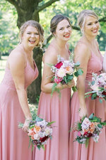 A-line Lace-Up Back Long Pink Chiffon Bridesmaid Dress