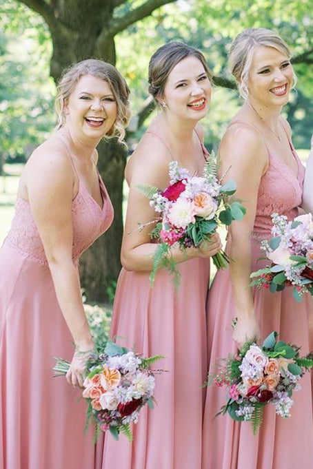 A-line Lace-Up Back Long Pink Chiffon Bridesmaid Dress