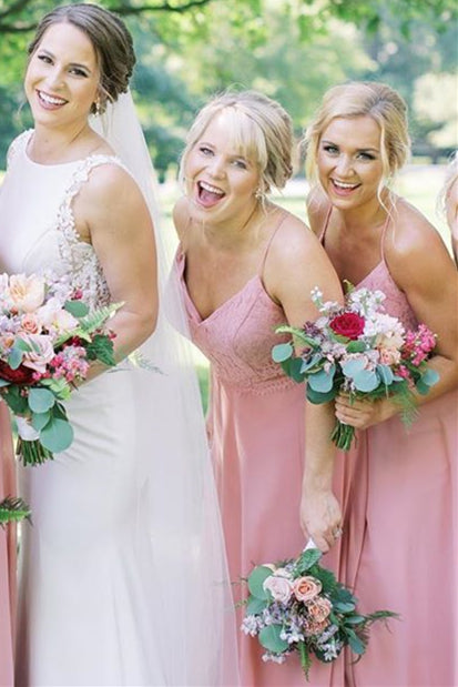 A-line Lace-Up Back Long Pink Chiffon Bridesmaid Dress