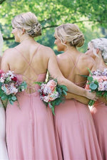 A-line Lace-Up Back Long Pink Chiffon Bridesmaid Dress