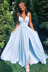 A-line Deep V-Neck Light Sky Blue Long Prom Dress with Slit