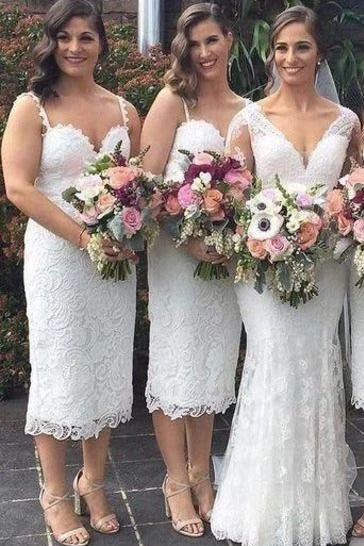 Tea-length Straps White Lace Bridesmaid Dress