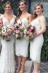 Tea-length Straps White Lace Bridesmaid Dress