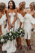 Off Shoulder Sheath Knee-Length White Bridesmaid Dress