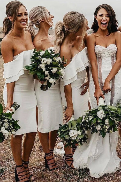 Off Shoulder Sheath Knee-Length White Bridesmaid Dress