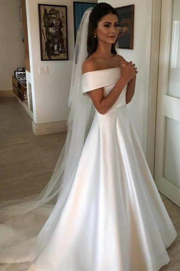 A-line Off-the-Shoulder White Satin Wedding Dress