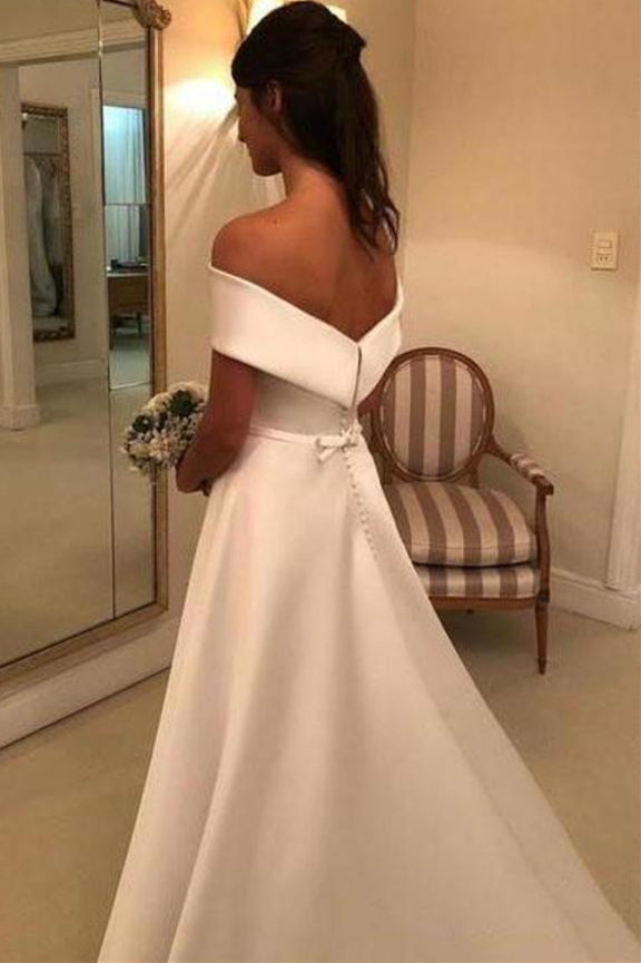 A-line Off-the-Shoulder White Satin Wedding Dress