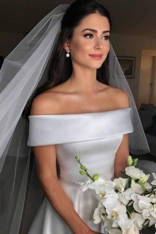 A-line Off-the-Shoulder White Satin Wedding Dress – FancyVestido