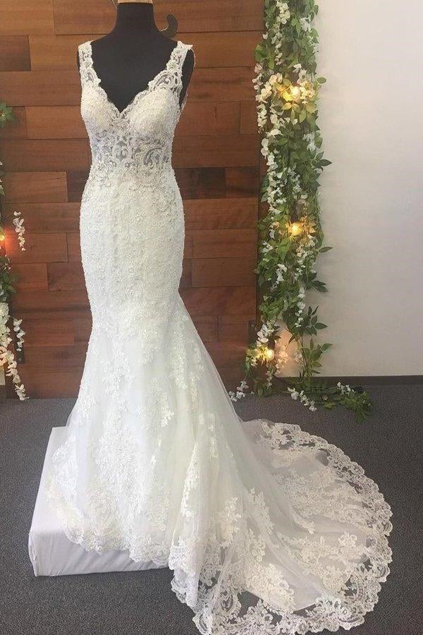Mermaid V-Neck Long White Lace Wedding Dress with Train