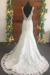 Mermaid V-Neck Long White Lace Wedding Dress with Train