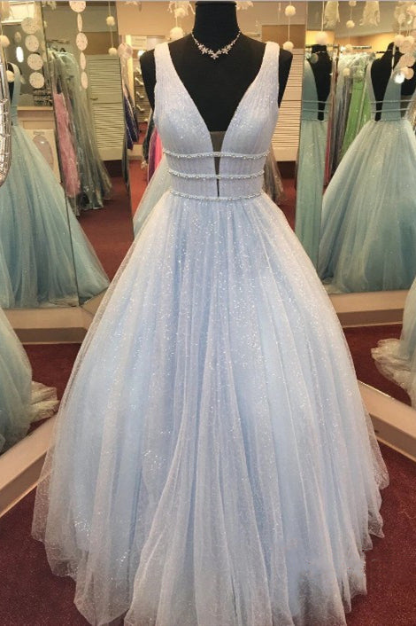 Glitter A-line V-Neck Long Light Blue Prom Dress with Belts – FancyVestido