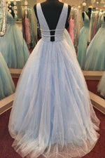 Glitter A-line V-Neck Long Light Blue Prom Dress with Belts