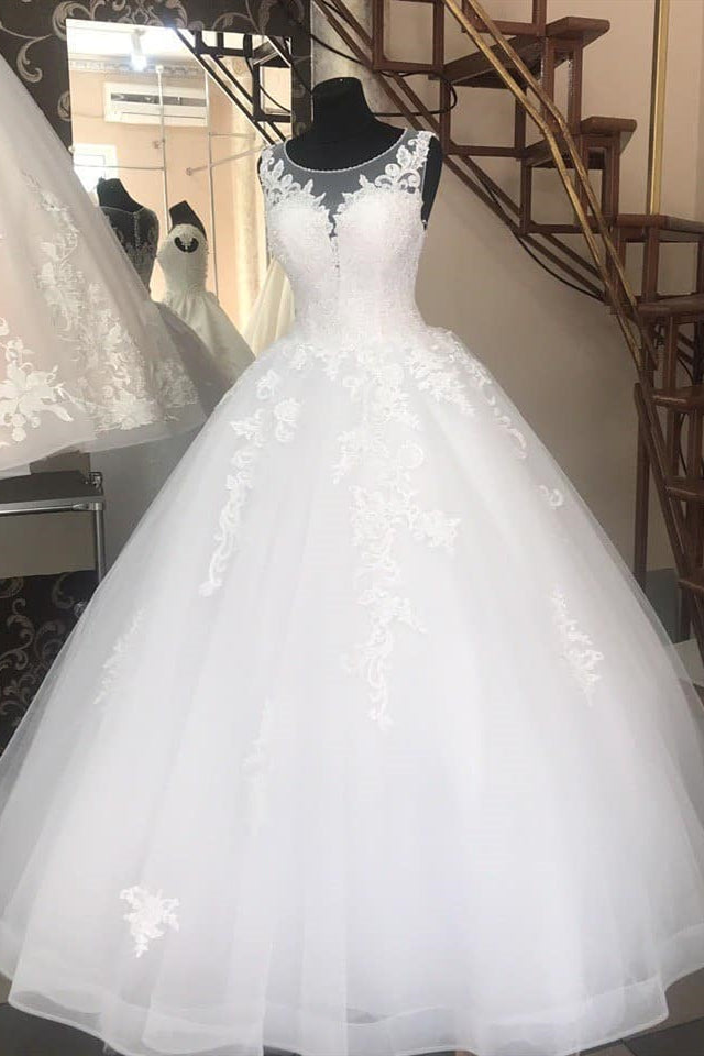 A-line Jewel Poofy Long White Wedding Dress with Lace Appliques
