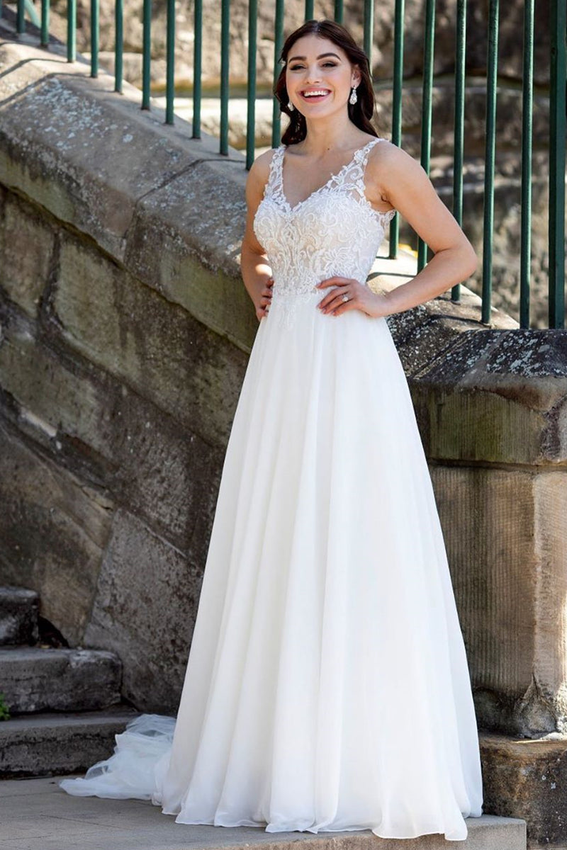 Princess A-line V-Neck Long White Wedding Dress with Lace