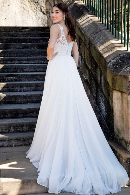 Princess A-line V-Neck Long White Wedding Dress with Lace