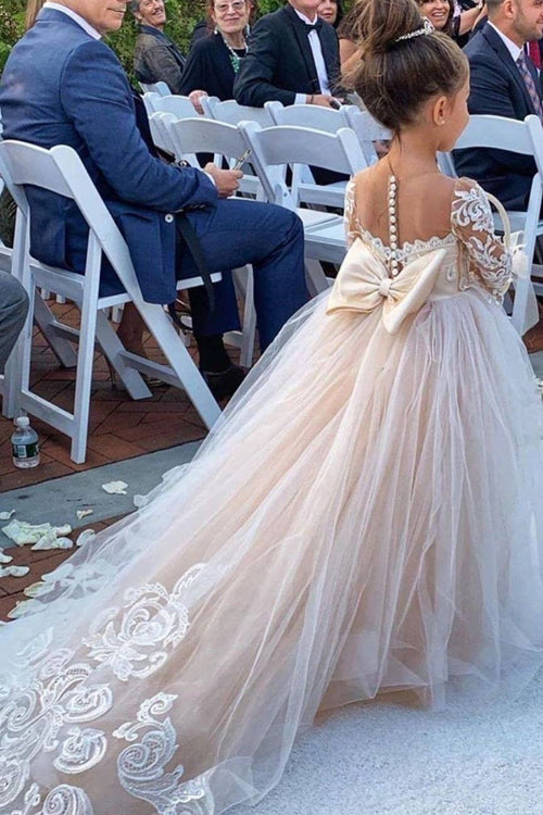 Princess Long Sleeves Flower Girl Dress with Bowknot