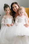 Princess Jewel Long Sleeves White Flower Girl Dress with Lace