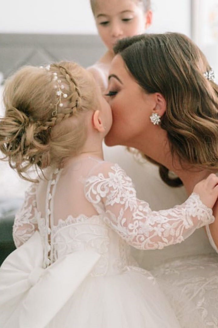 Princess Jewel Long Sleeves White Flower Girl Dress with Lace