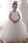 V Back Long Lace and Tulle White Flower Girl Dress with Bow