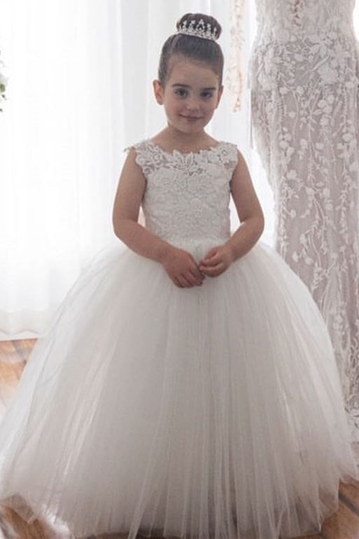 V Back Long Lace and Tulle White Flower Girl Dress with Bow FancyVestido V Back Long Lace and Tulle White Flower Girl Dress with Bow FancyVestido