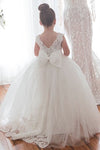 V Back Long Lace and Tulle White Flower Girl Dress with Bow