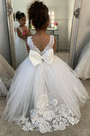 V Back Long Lace and Tulle White Flower Girl Dress with Bow