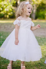 Cute Lace Sleeves Jewel Neck White Flower Girl Dress