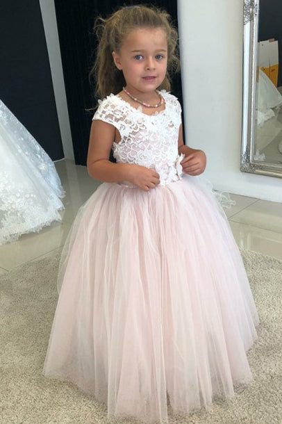 Cute White and Pink Flower Girl Dress with Lace Bodice'