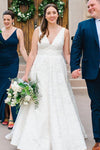 V-Neck Lace Back White Wedding Dress with Appliques