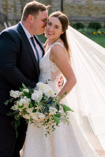 V-Neck Lace Back White Wedding Dress with Appliques