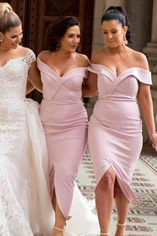 Mermaid Off Shoulder Pink Bridesmaid Dress with Slit Front