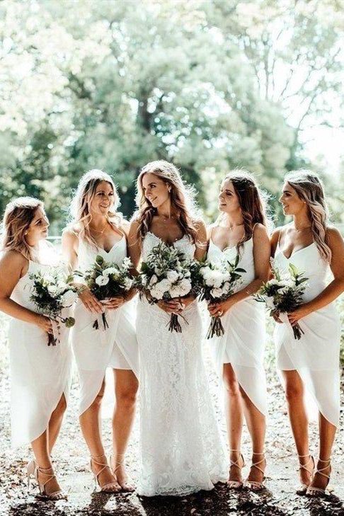 High Low V-Neck Wrap White Bridesmaid Dress FancyVestido High Low V-Neck Wrap White Bridesmaid Dress FancyVestido