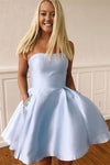 Strapless Short Light Blue Homecoming Dress with Beaded Pockets