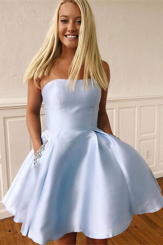 Strapless Short Light Blue Homecoming Dress with Beaded Pockets