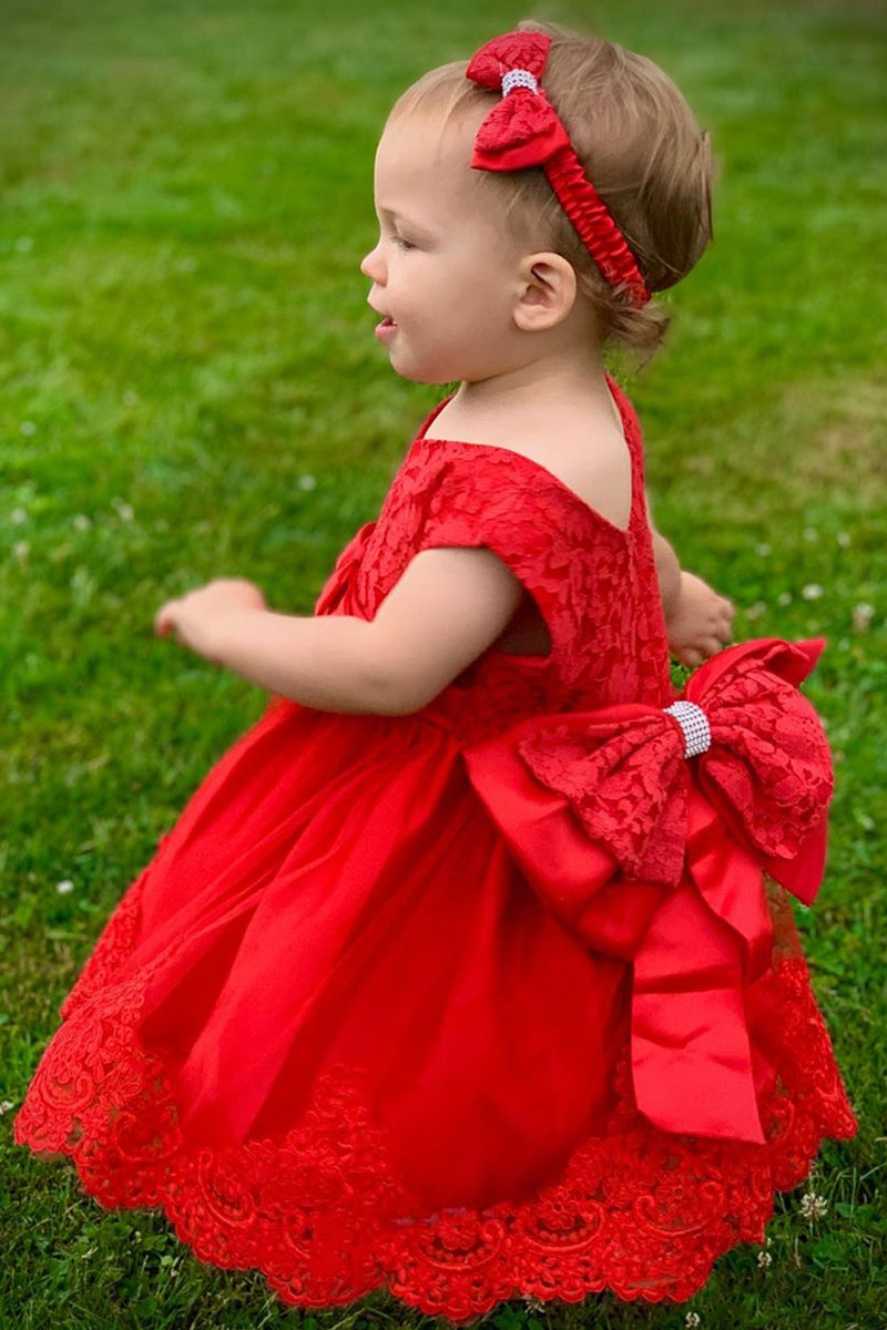 Cute Toddler Red Flower Girl Dress with Bowknot