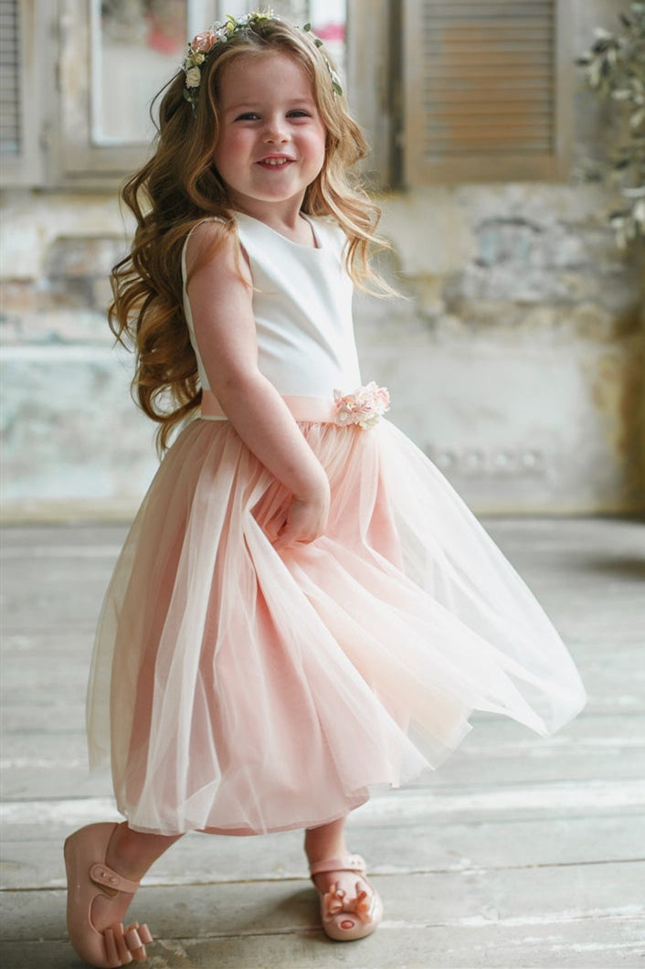 White Tulle Flower Belt Flower Girl Dresses with Bow-Knot, Popular