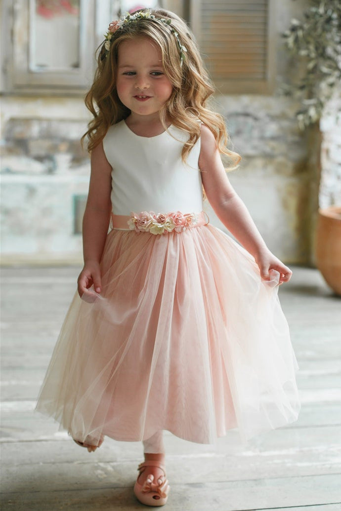 Cute Chic White and Pink Flower Girl Dress with Floral Belt