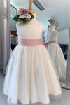Chic Long White Flower Girl Dress with Pink Belt