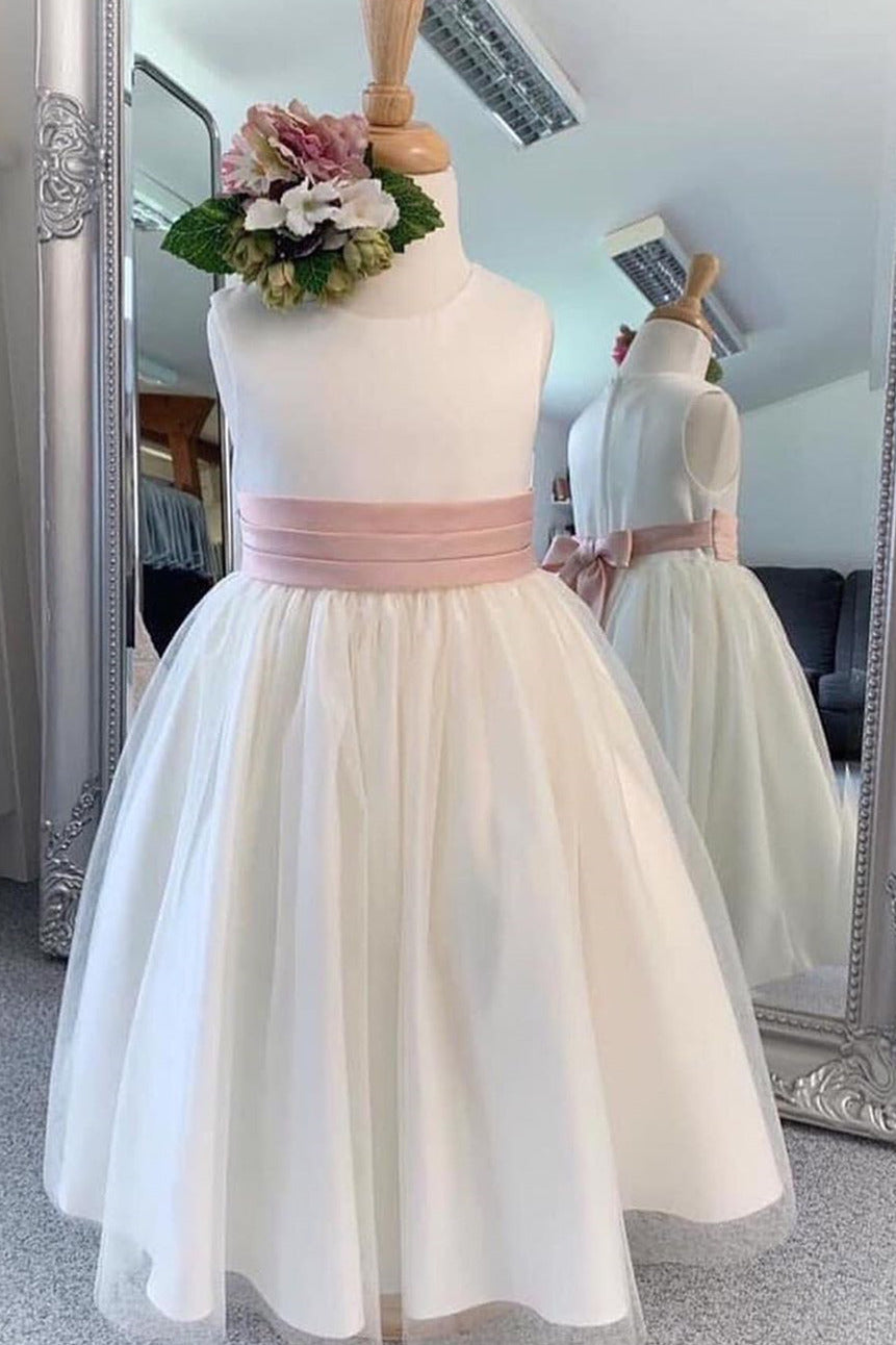 Chic Long White Flower Girl Dress with Pink Belt FancyVestido Chic Long White Flower Girl Dress with Pink Belt FancyVestido