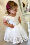Ruffled Sleeves Toddler White Flower Girl Dress with Beaded Belt